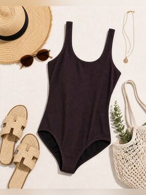 Black Ribbed One-Piece Swimsuit 3X Built in Cups Beach Swim Pool